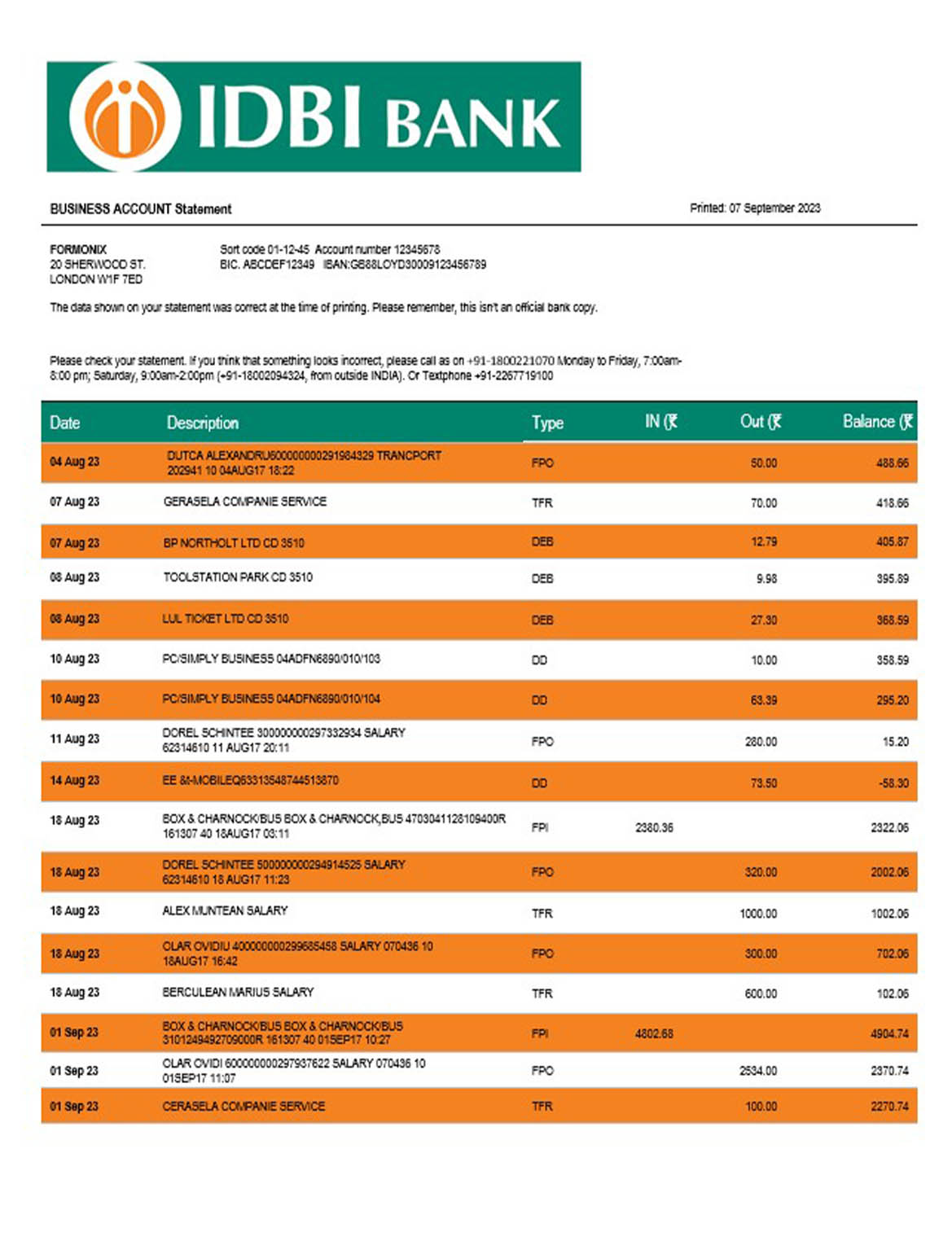 IDBI Bank enterprise account statement Word and PDF template download template